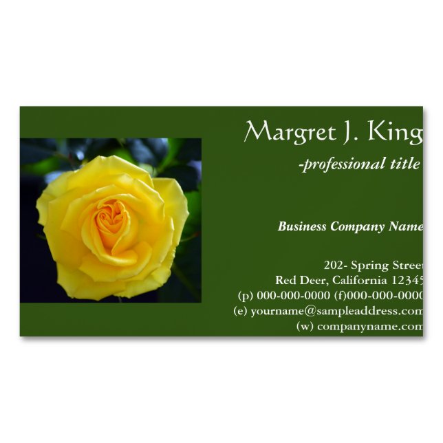 Pretty yellow rose flower green  business cards. magnetic business card (Front)