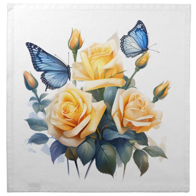 PRETTY YELLOW ROSES AND BLUE BUTTERFLIES CLOTH NAPKIN (Front)