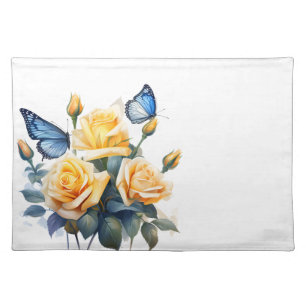 PRETTY YELLOW ROSES AND BLUE BUTTERFLIES CLOTH PLACEMAT