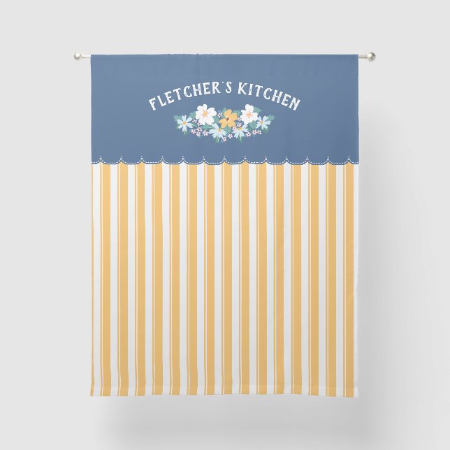 Pretty Yellow Stripes Blue Flowers Your Text Sheer Curtains (Front)