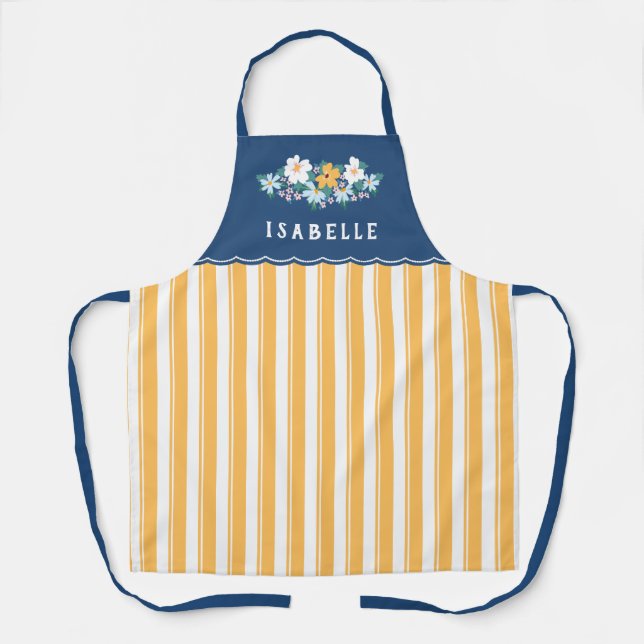 Pretty Yellow Stripes Blue Yellow Flowers Apron (Front)