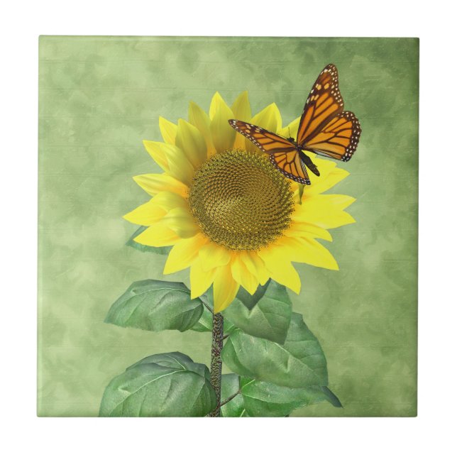Pretty Yellow Sunflower and Orange Butterfly Ceramic Tile (Front)
