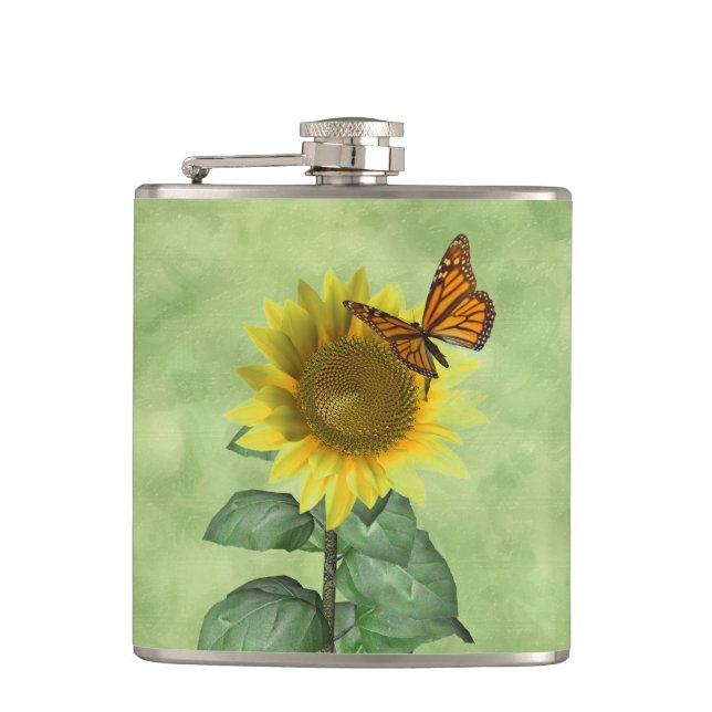 Pretty Yellow Sunflower and Orange Butterfly Hip Flask (Front)