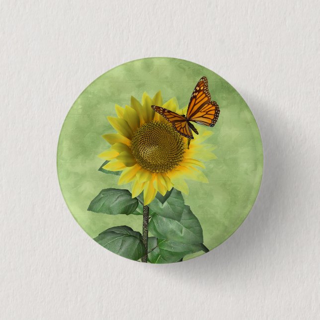 Pretty Yellow Sunflower and Orange Butterfly Pinback Button (Front)