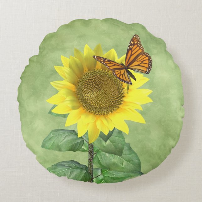 Pretty Yellow Sunflower and Orange Butterfly Round Pillow (Front)