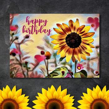 Pretty Yellow Sunflower And Pink Flowers Birthday Card by HorseAndPony at Zazzle