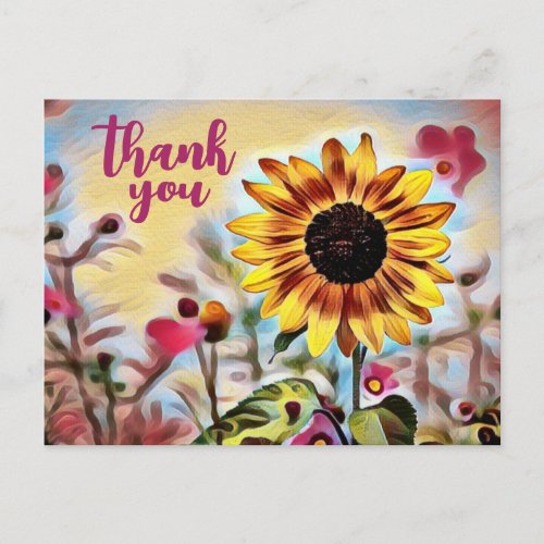 Pretty Yellow Sunflower and Pink Flowers Thank You Postcard