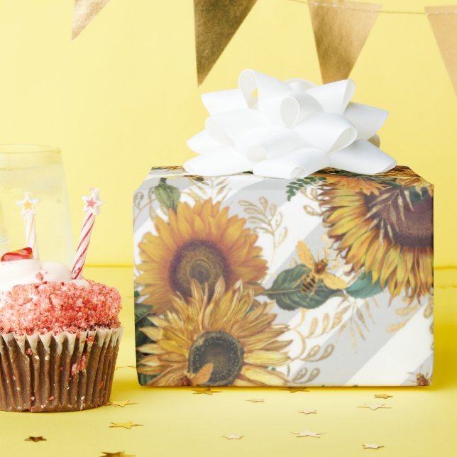 Pretty Yellow Sunflower Bouquet Bees Wrapping Paper (Birthday Party)