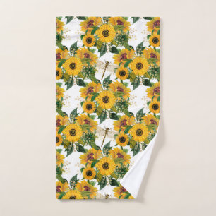 Pretty Yellow Sunflower Bouquet Dragonflies Hand Towel