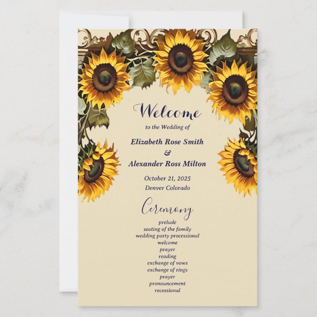 Pretty yellow sunflower elegant wedding program (Front)