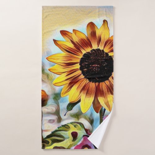 Pretty Yellow Sunflower in Field of Flowers Bath Towel