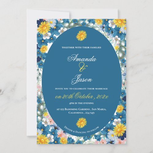 Pretty Yellow Sunflower White Blue Floral Wedding Invitation