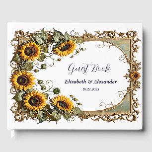 Pretty Yellow sunflower with art frame wedding Guest Book