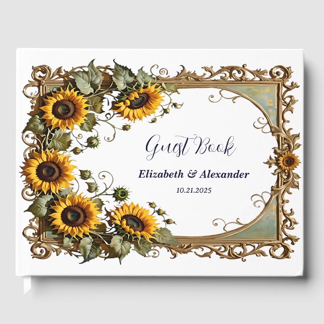 Pretty Yellow sunflower with art frame wedding  Guest Book (Front)
