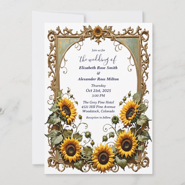 Pretty Yellow sunflower with art frame wedding  Invitation (Front)