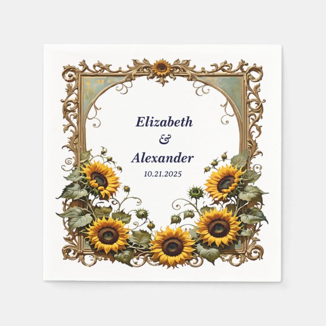 Pretty Yellow sunflower with art frame wedding  Napkins (Front)