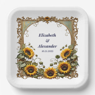 Pretty Yellow sunflower with art frame wedding Paper Plates