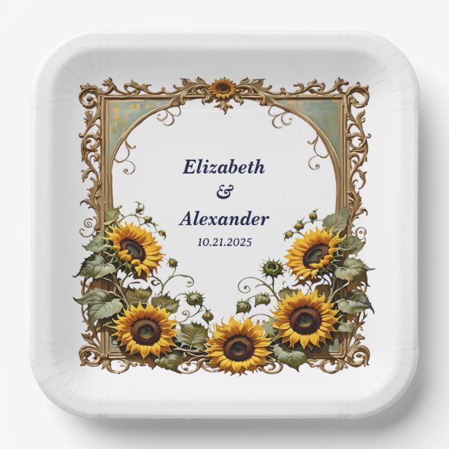 Pretty Yellow sunflower with art frame wedding  Paper Plates (Front)