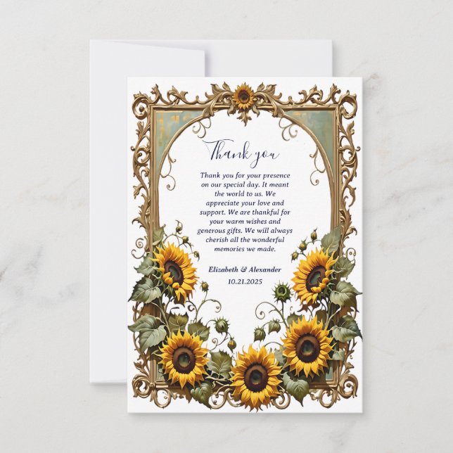 Pretty Yellow sunflower with art frame wedding  Thank You Card (Front)