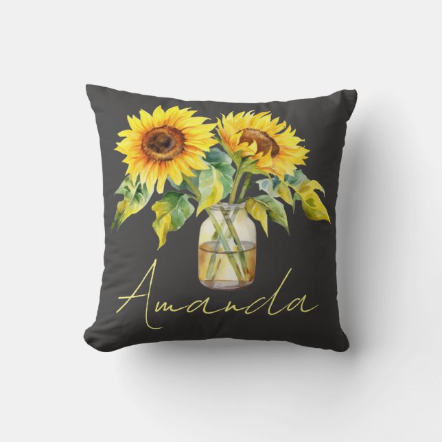 Pretty Yellow Sunflowers Black Minimalist Name Throw Pillow (Front)