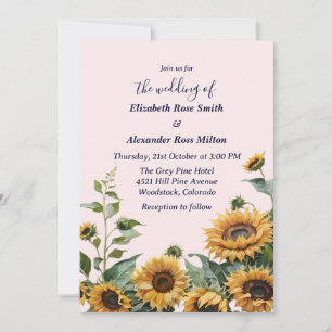 Pretty yellow sunflowers on pink wedding  invitation