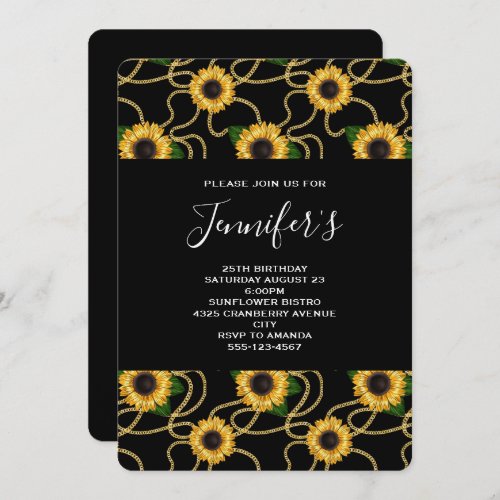 Pretty Yellow Sunflowers Pattern on Black Birthday Invitation