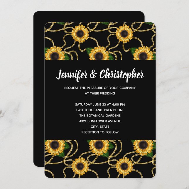 Pretty Yellow Sunflowers Pattern on Black Wedding Invitation (Front/Back)