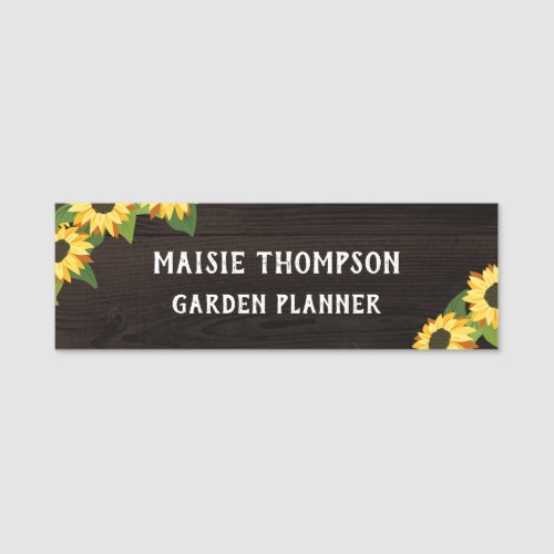 Pretty Yellow Sunflowers  Rustic Dark Wood Name Tag