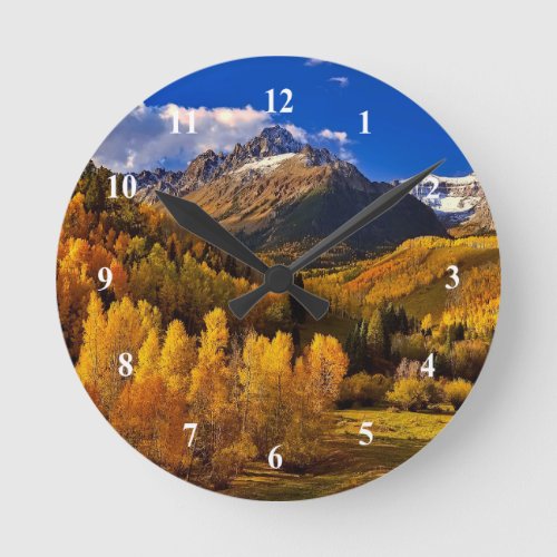 Pretty Yellow Trees Mountain Photo Round Clock