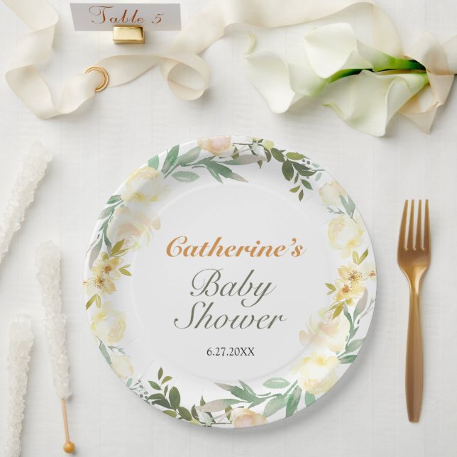 Pretty Yellow Watercolor Floral Baby Shower Paper Plates (Wedding)