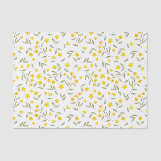 Pretty Yellow Watercolor Floral Blooms Pattern Tissue Paper (Front)