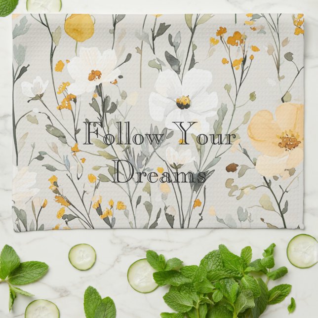 Pretty Yellow White Flowers Dreams Kitchen Towel (Folded)