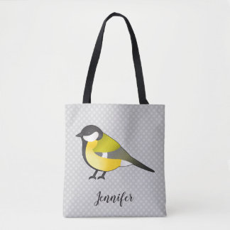 Pretty Yellow Wild Bird Illustration &amp; Custom Name Tote Bag