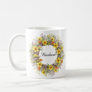 Pretty Yellow Wildflowers Wreath Custom Name  Coffee Mug