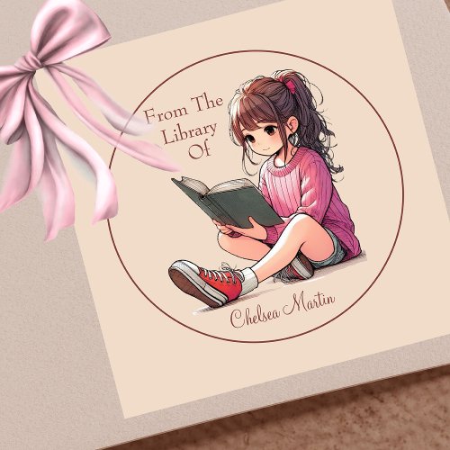 Pretty Young Girl Reading Book Bookplate