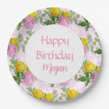 Prettypink Yellow Roses Happy Birthday Floral  Paper Plates by Susang6 at Zazzle