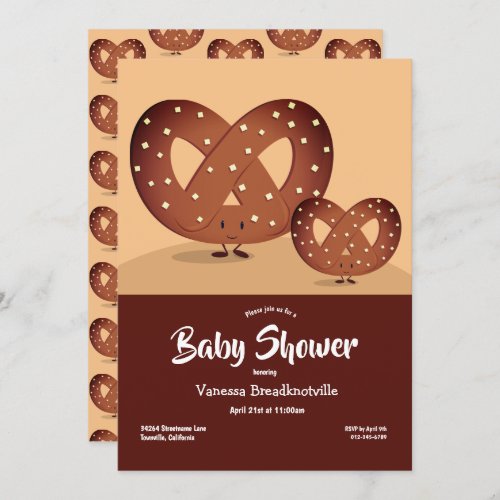 Pretzel Baby Shower Brown Foodie Cute Cartoon Invitation