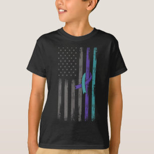 Prevention Awareness Teal Purple Ribbon Usa Flag T-Shirt