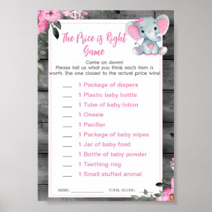 Price is Right Baby Shower Game Elephant Pink Poster