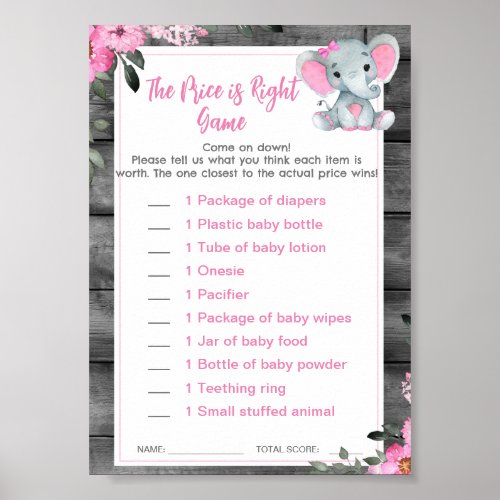 Price is Right Baby Shower Game Elephant Pink Poster