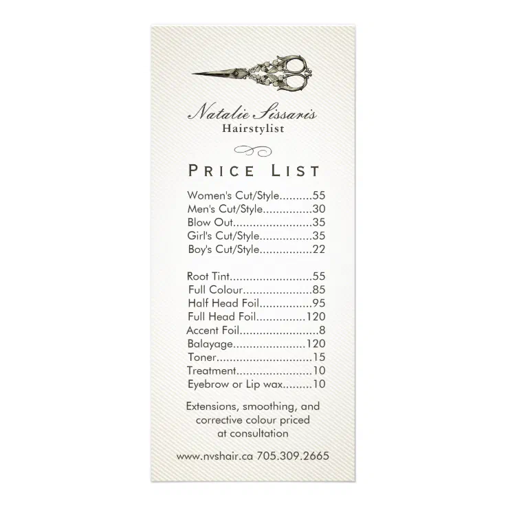 Price List | Antique Scissor Vintage Hair Salon #2 Rack Card | Zazzle