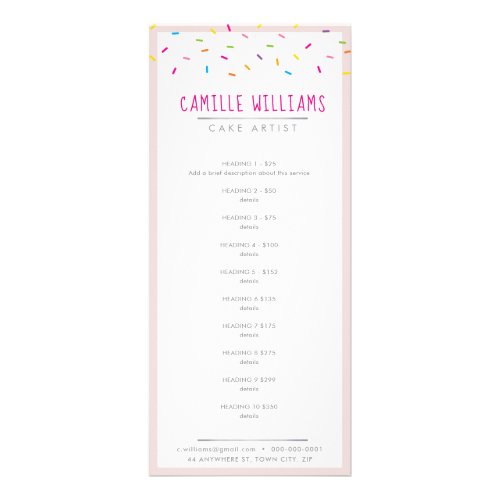 PRICE LIST bakery cakes cute colorful sprinkles Rack Card