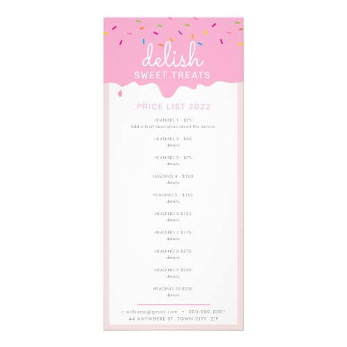 PRICE LIST bakery cakes frosting drip sprinkles Rack Card