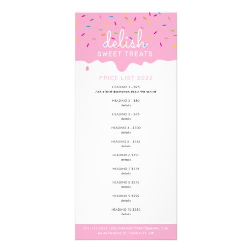 PRICE LIST bakery pink frosting drip sprinkles Rack Card