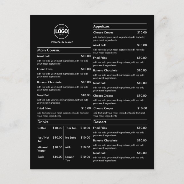 Price List | Black Business Menu Modern Restaurant Flyer (Front)