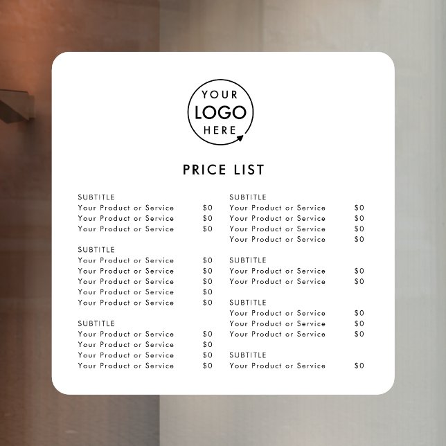 Price List | Business Logo Modern Minimalist White Window Cling (A simple practical solution for presenting your products or services with clarity & style.)