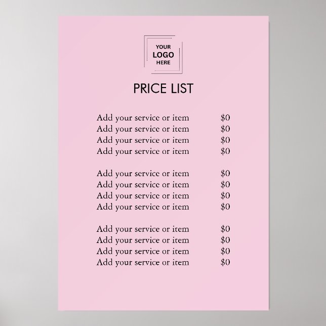 Price List | Business Logo Modern Pink Simple  Holder (Front)