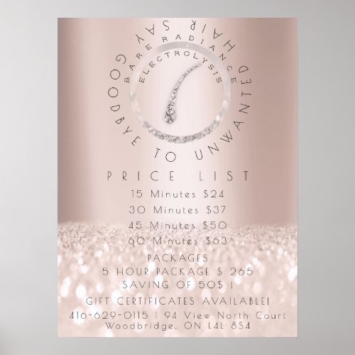 Price List Electrolysis Hair Removal Rose Beauty1 Poster