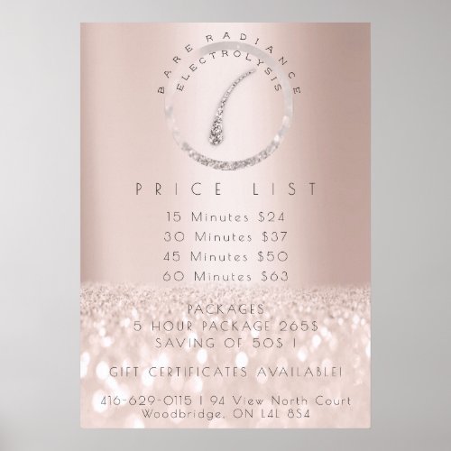 Price List Electrolysis Hair Removal Rose Beauty1 Poster