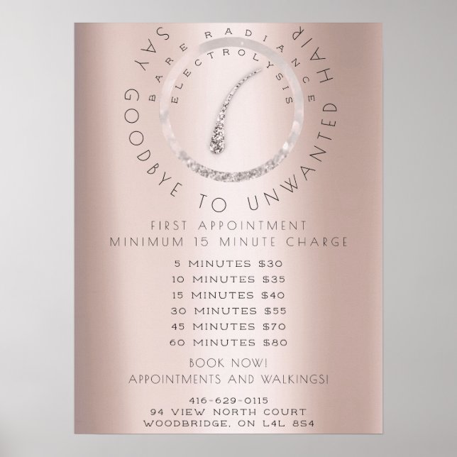 Price List Electrolysis Hair Removal Rose Glitter Poster (Front)